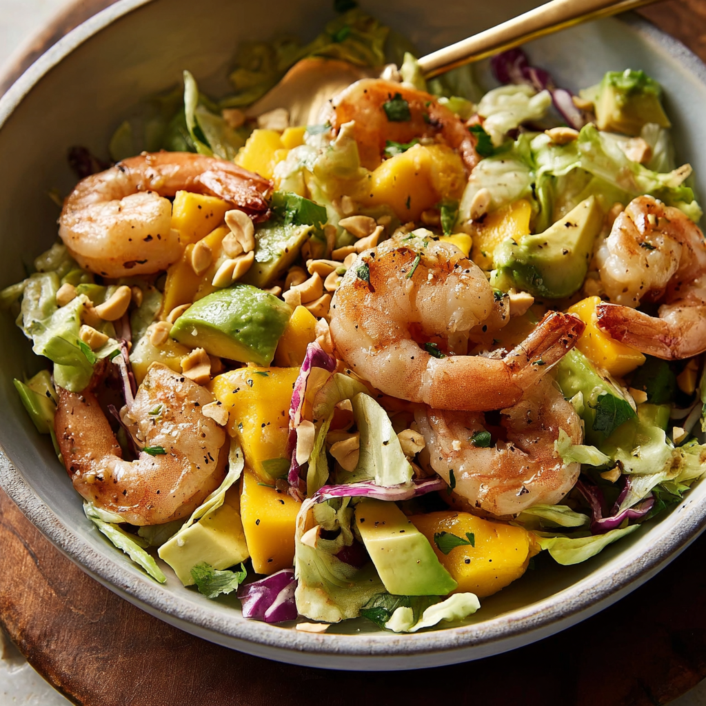 A bowl of shrimp and mango salad.