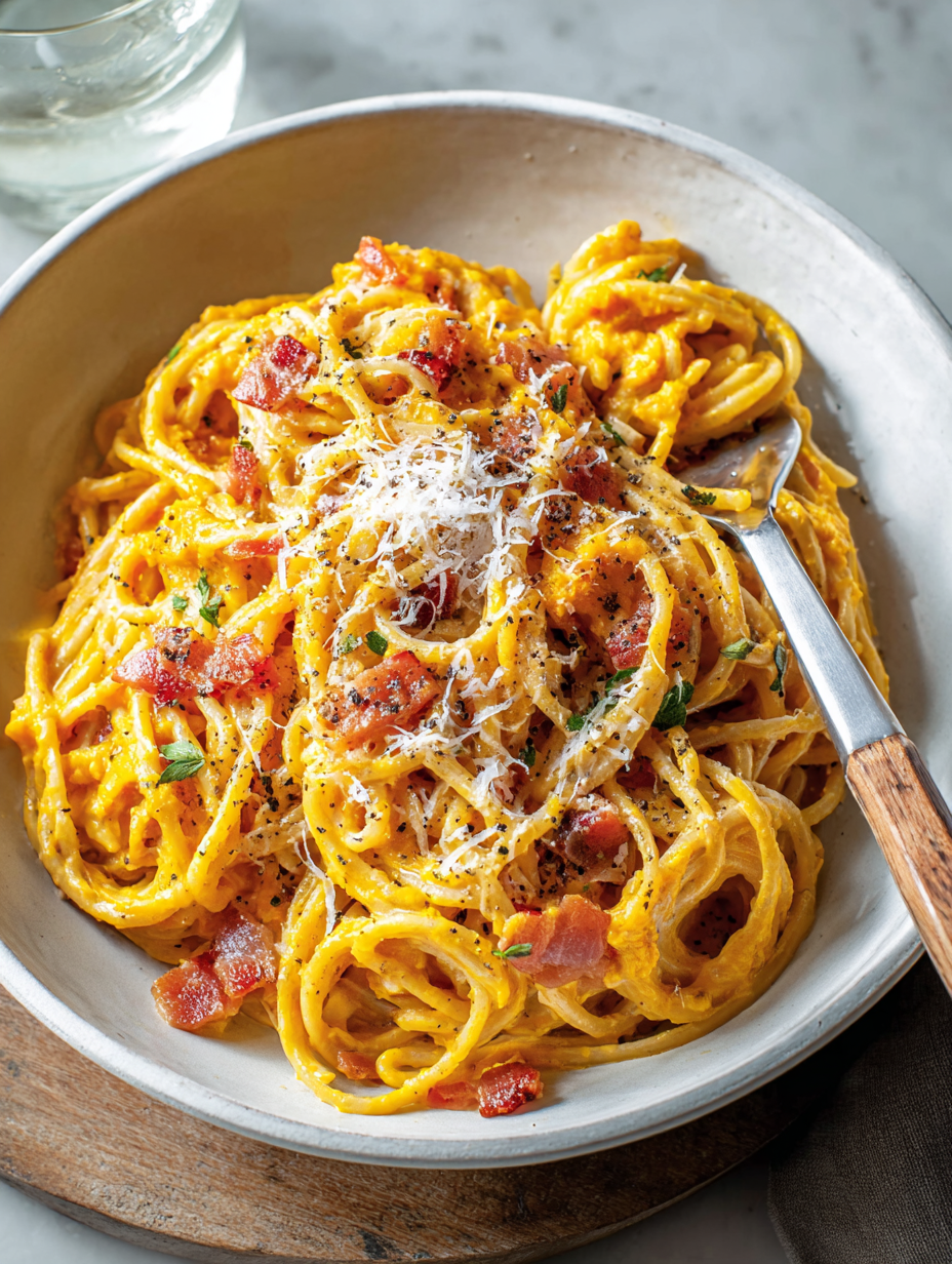 A bowl of pumpkin carbonara.