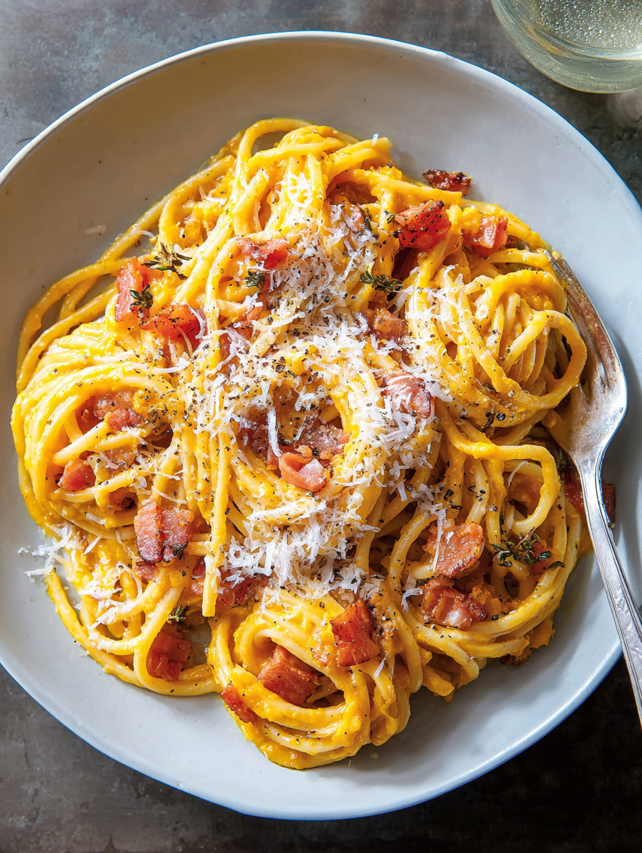 A plate of pumpkin carbonara with cheese and bacon.