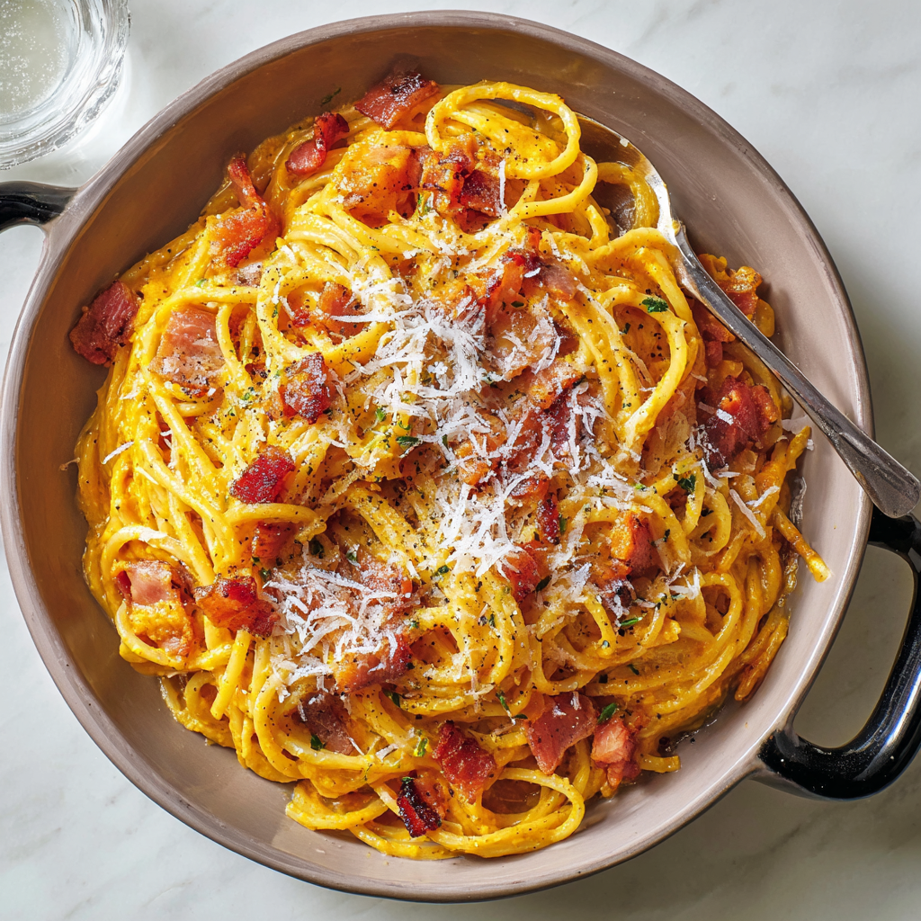 A bowl of pasta with bacon and cheese.