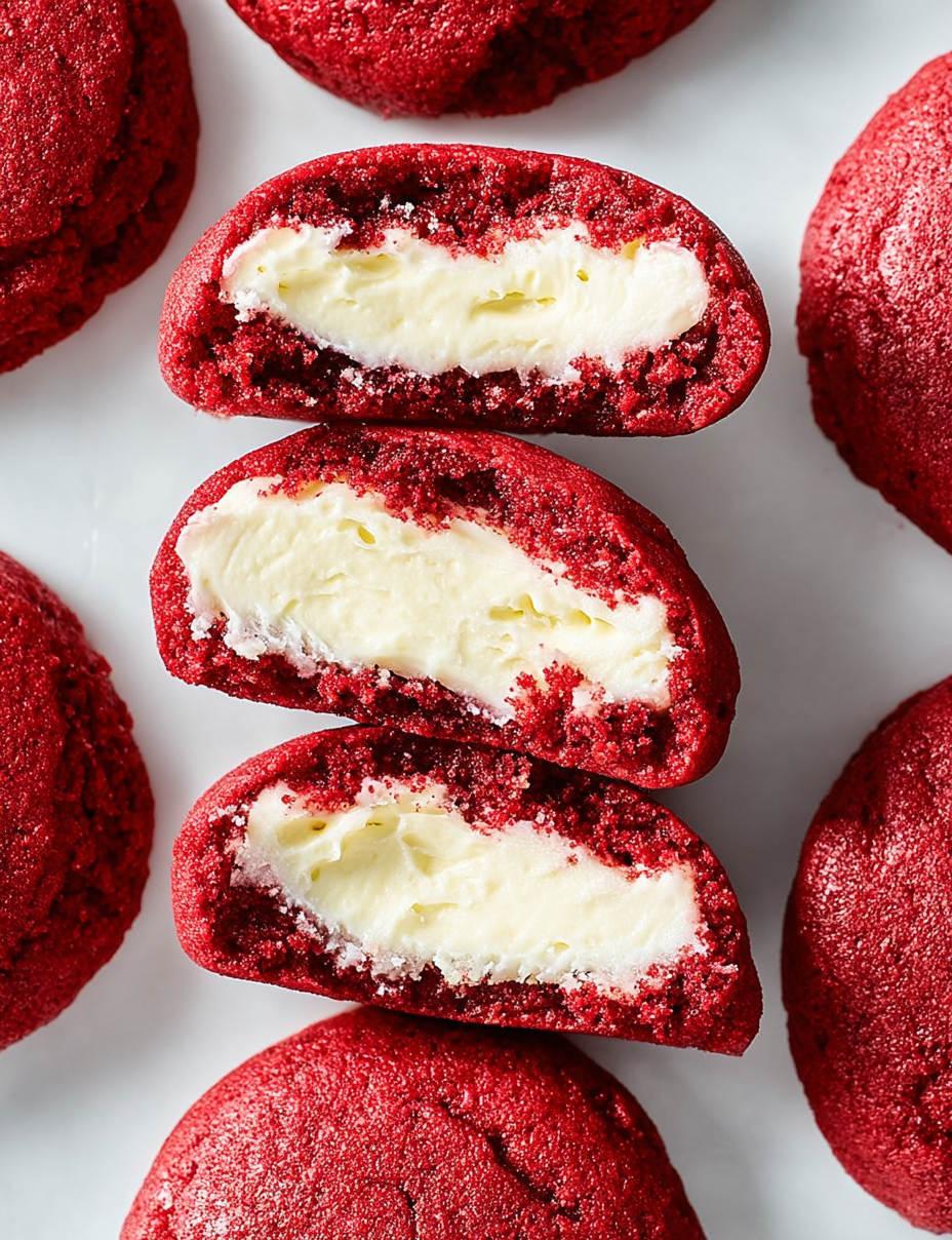 A close up of a red velvet cookie with white cream inside.