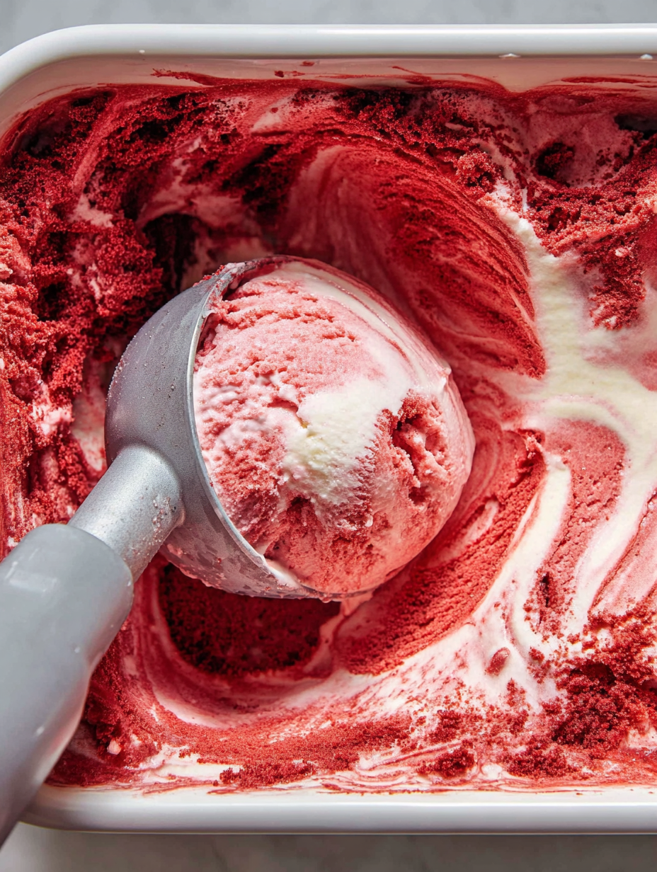 A scoop of red velvet ice cream.