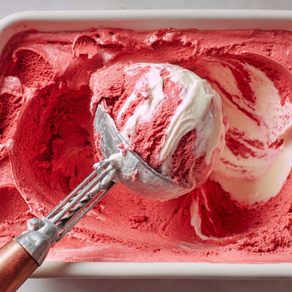 A spoon is in a bowl of red velvet ice cream.