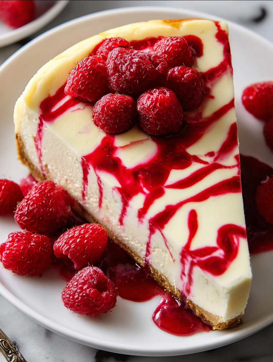 A slice of raspberry cheesecake with a drizzle of raspberry sauce.
