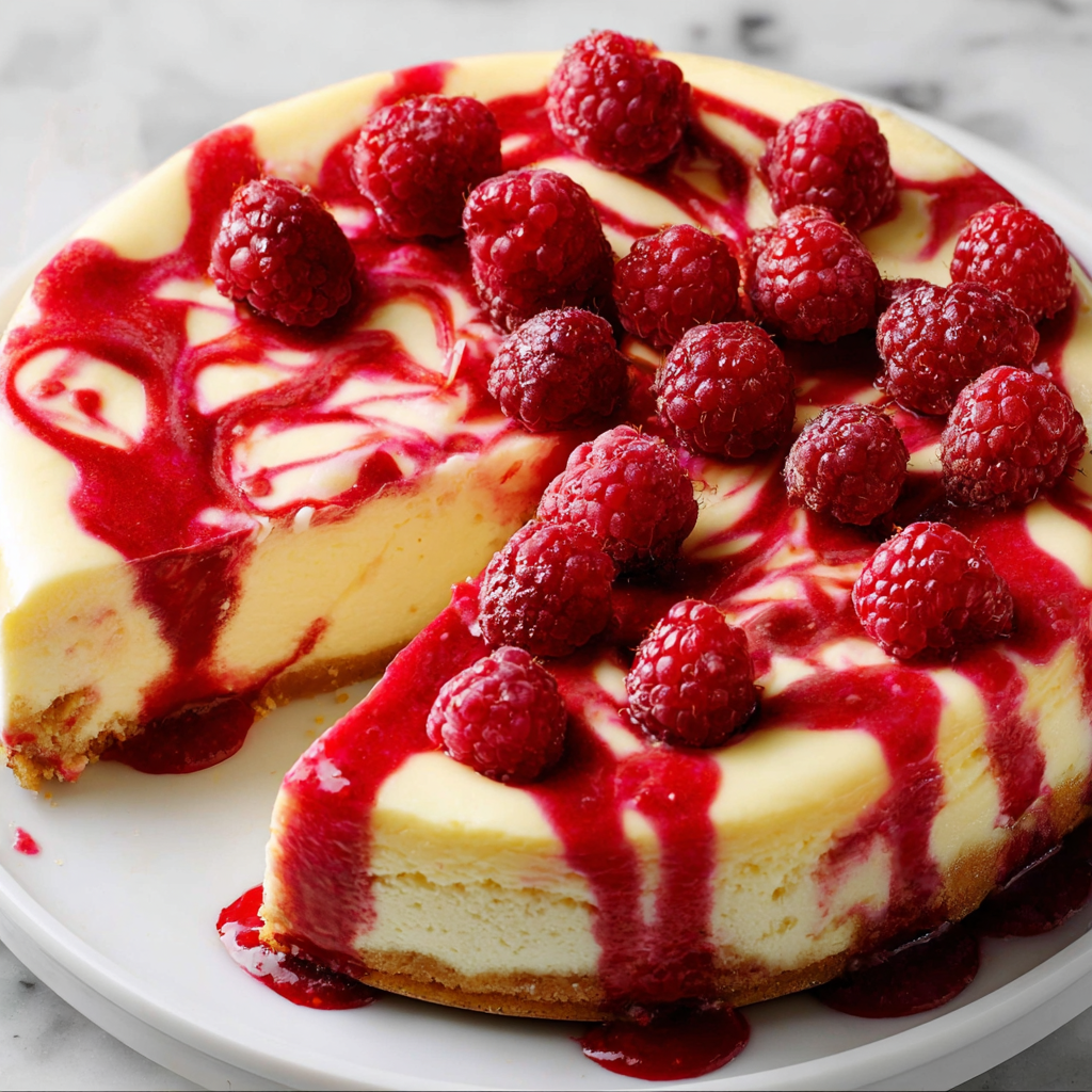 A slice of raspberry cheesecake on a plate.