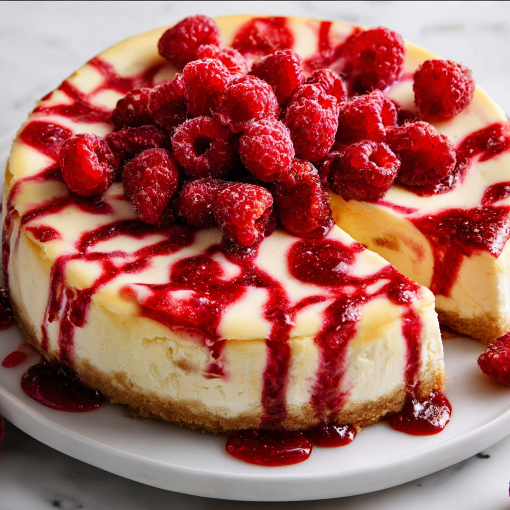 A slice of raspberry cheesecake with red raspberries on top.