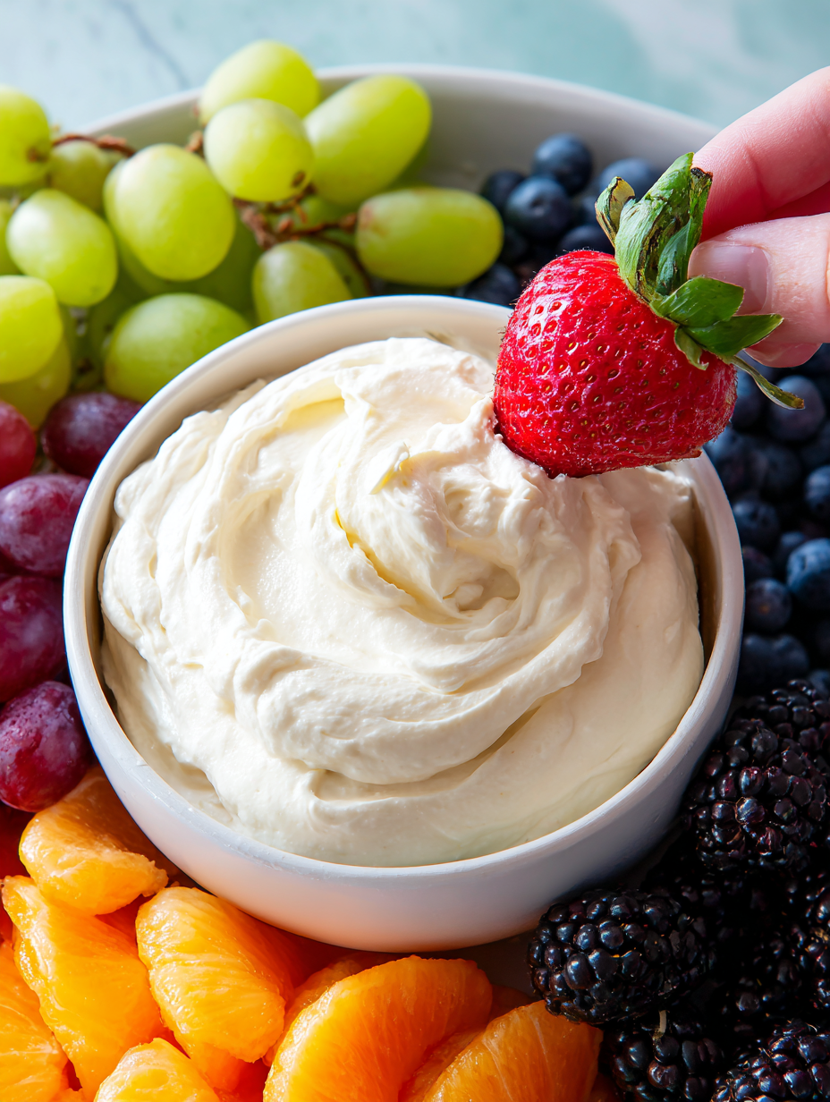 A bowl of fruit dip with a strawberry being dipped.