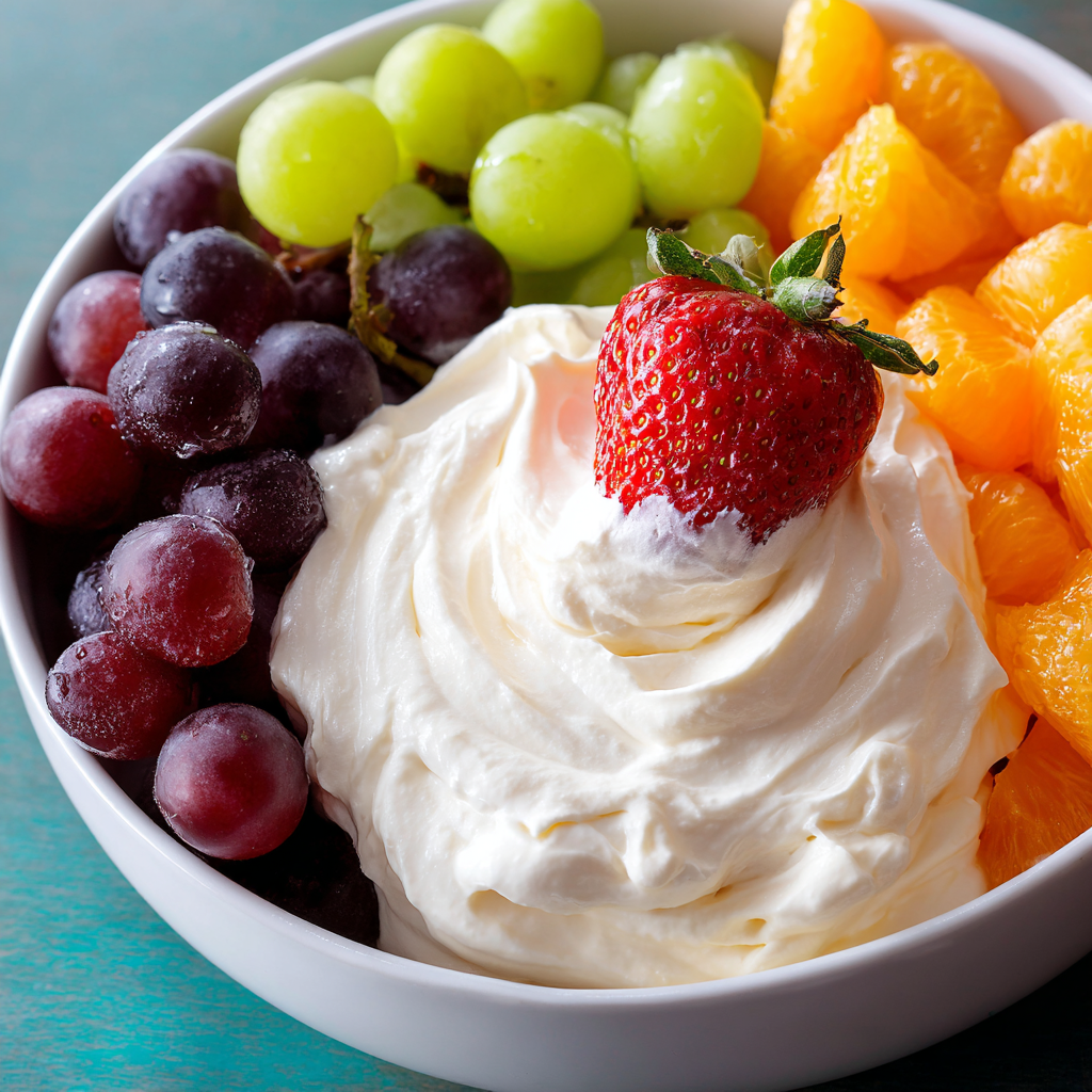 A bowl of fruit dip with grapes, strawberries, and oranges.