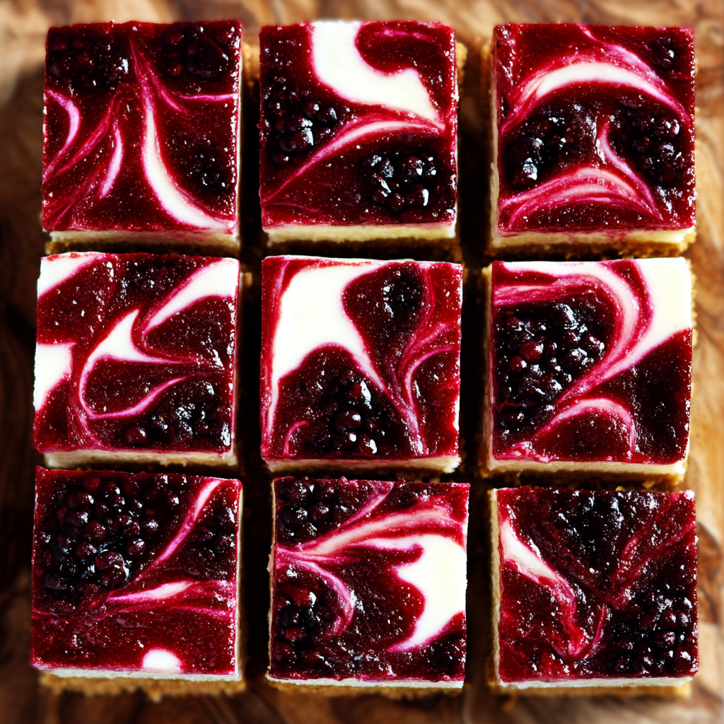 A square of blackberry cheesecake on a wooden table.