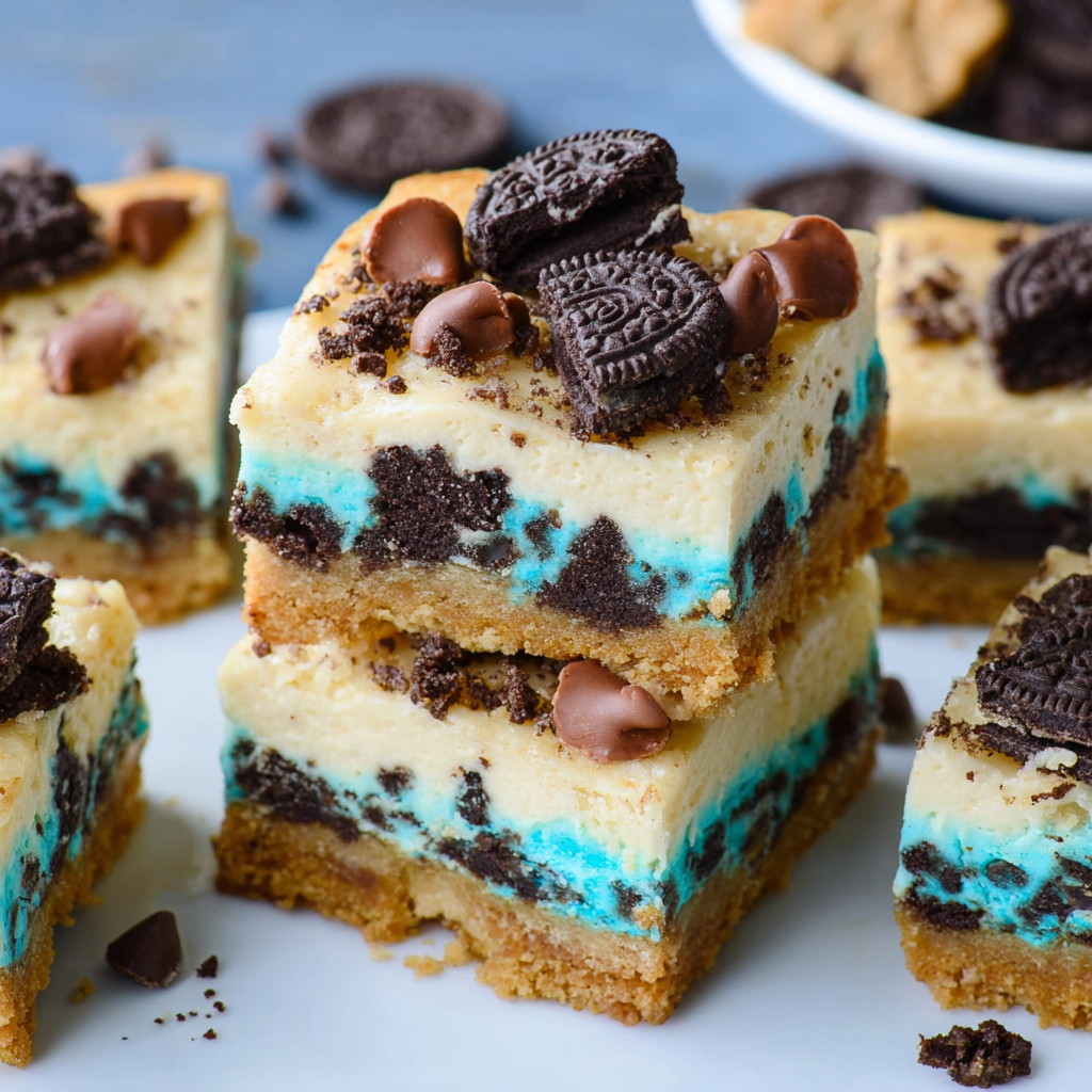 A close up of a cookie lovers cheesecake bar.