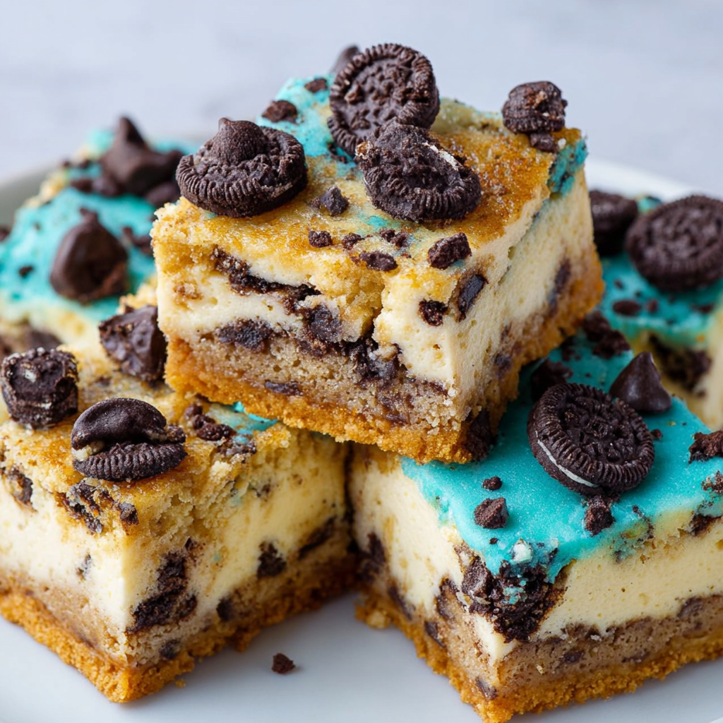 A plate of cookie lovers cheesecake bars.