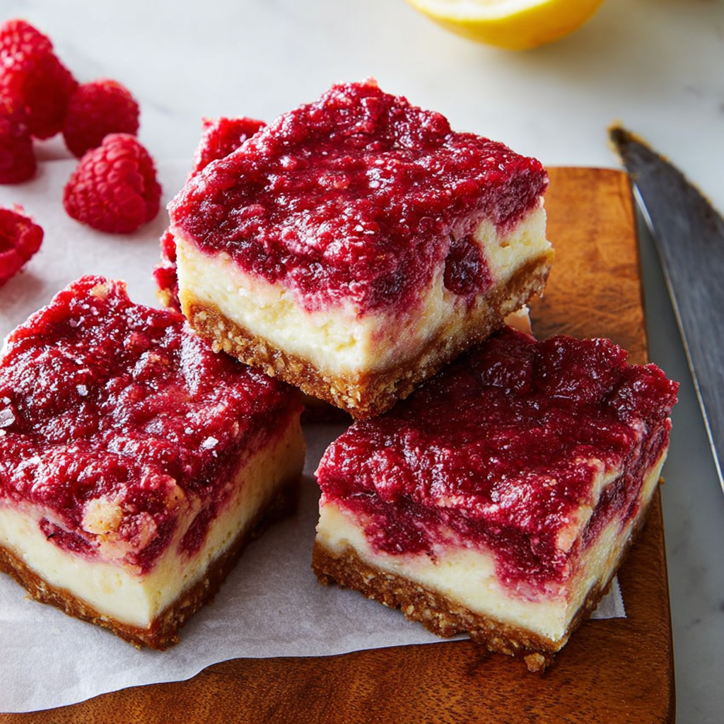 A slice of raspberry cheesecake bar.