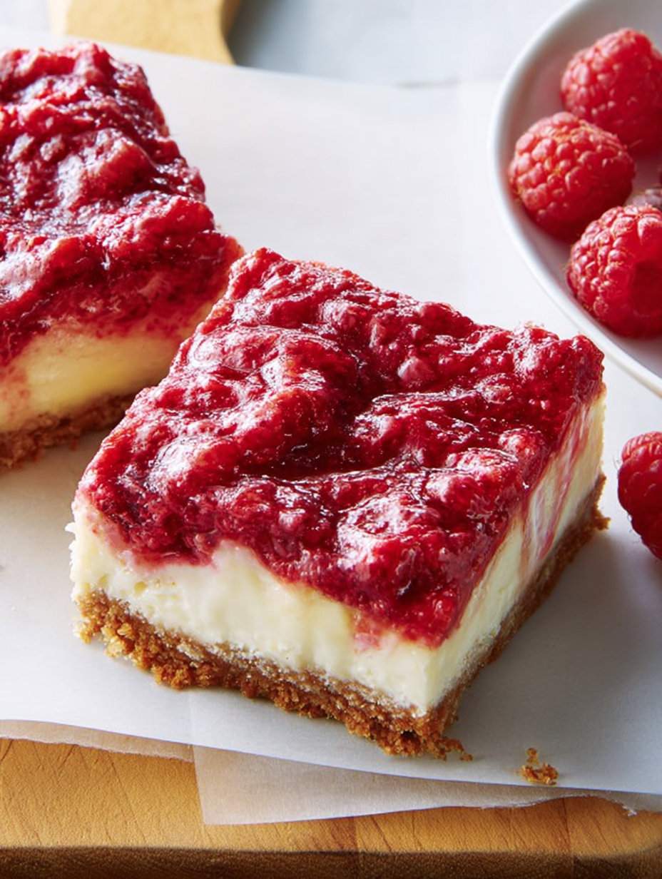 A slice of raspberry cheesecake bar.