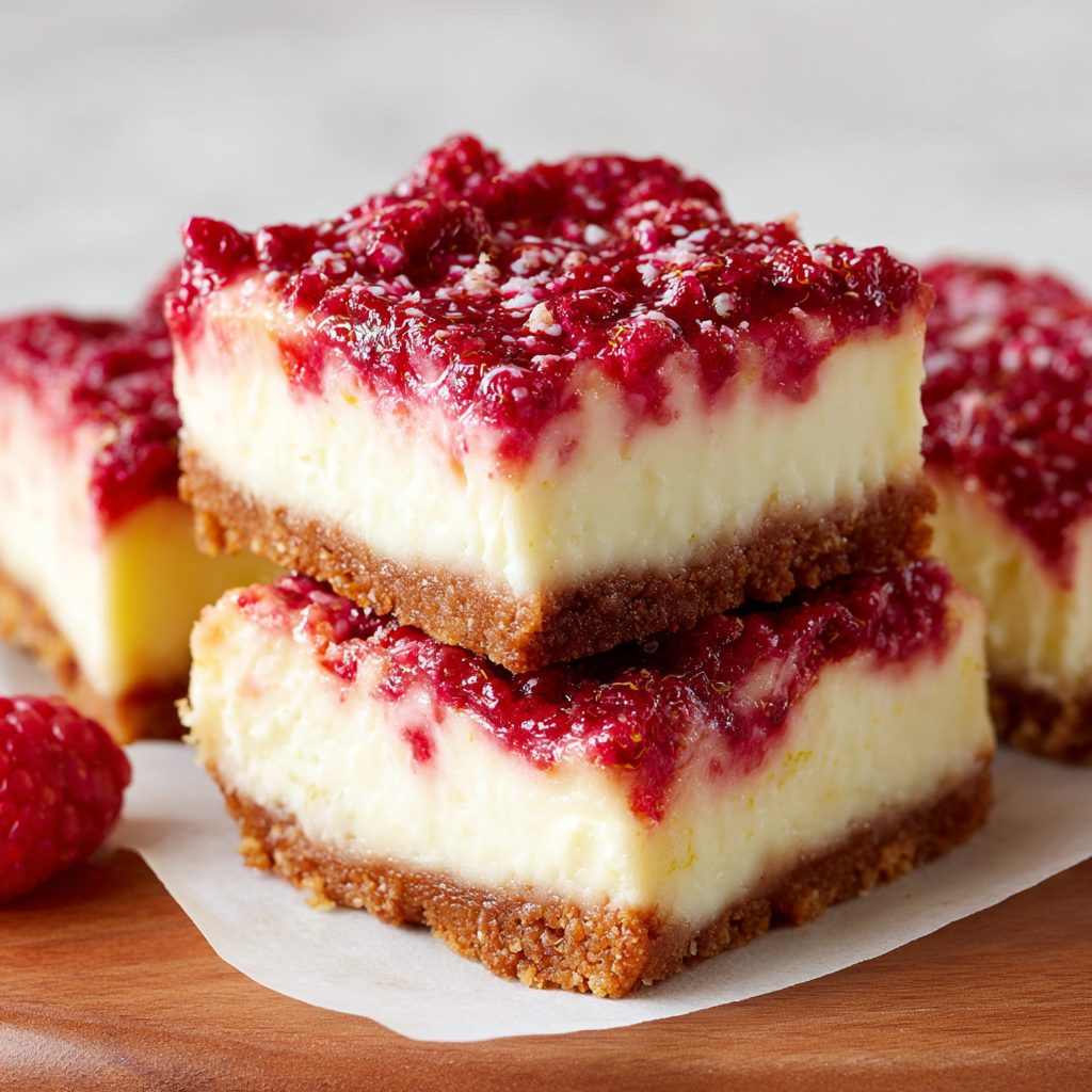 A stack of raspberry cheesecake bars.