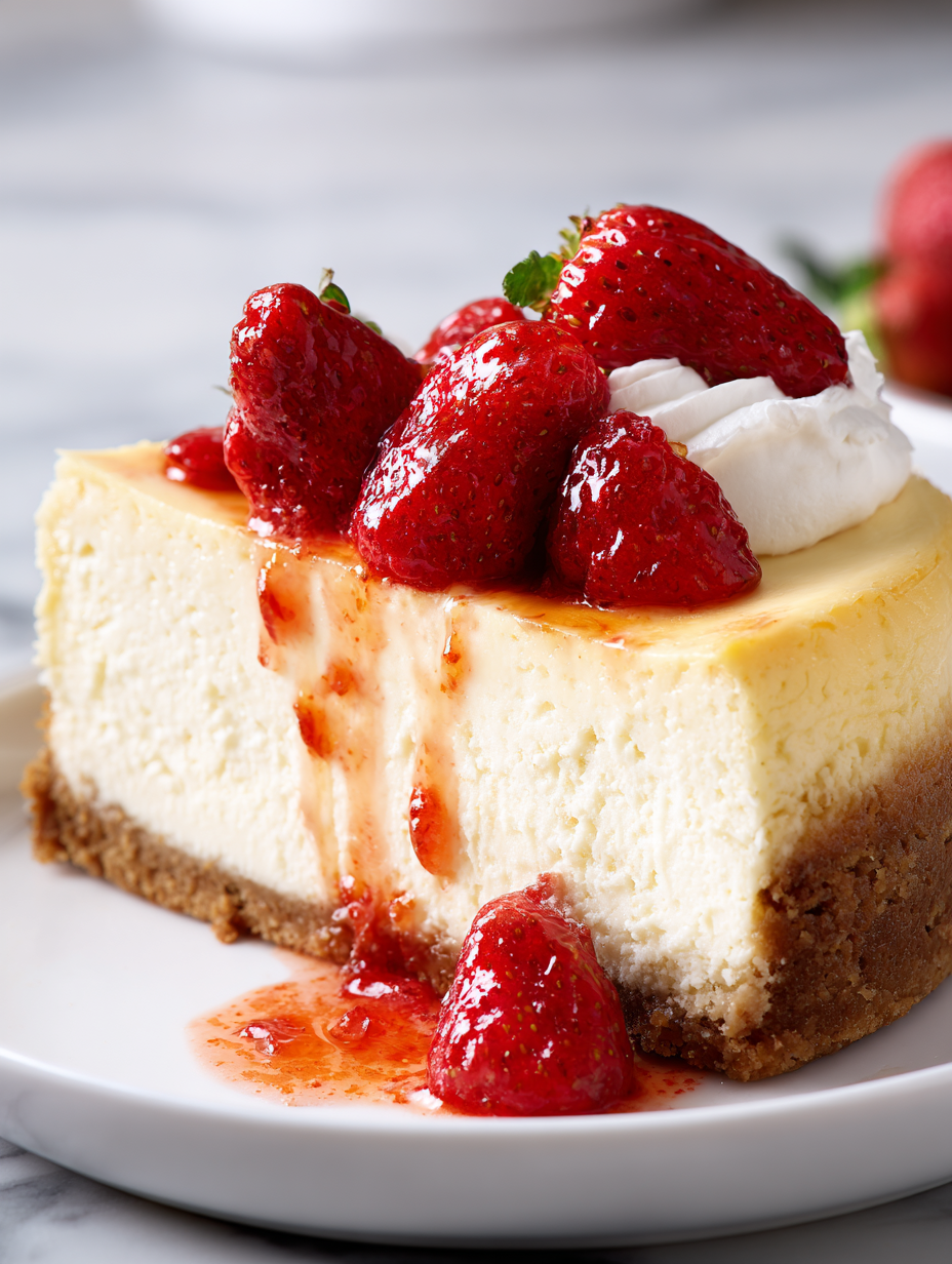 A slice of cheesecake with strawberries on top.
