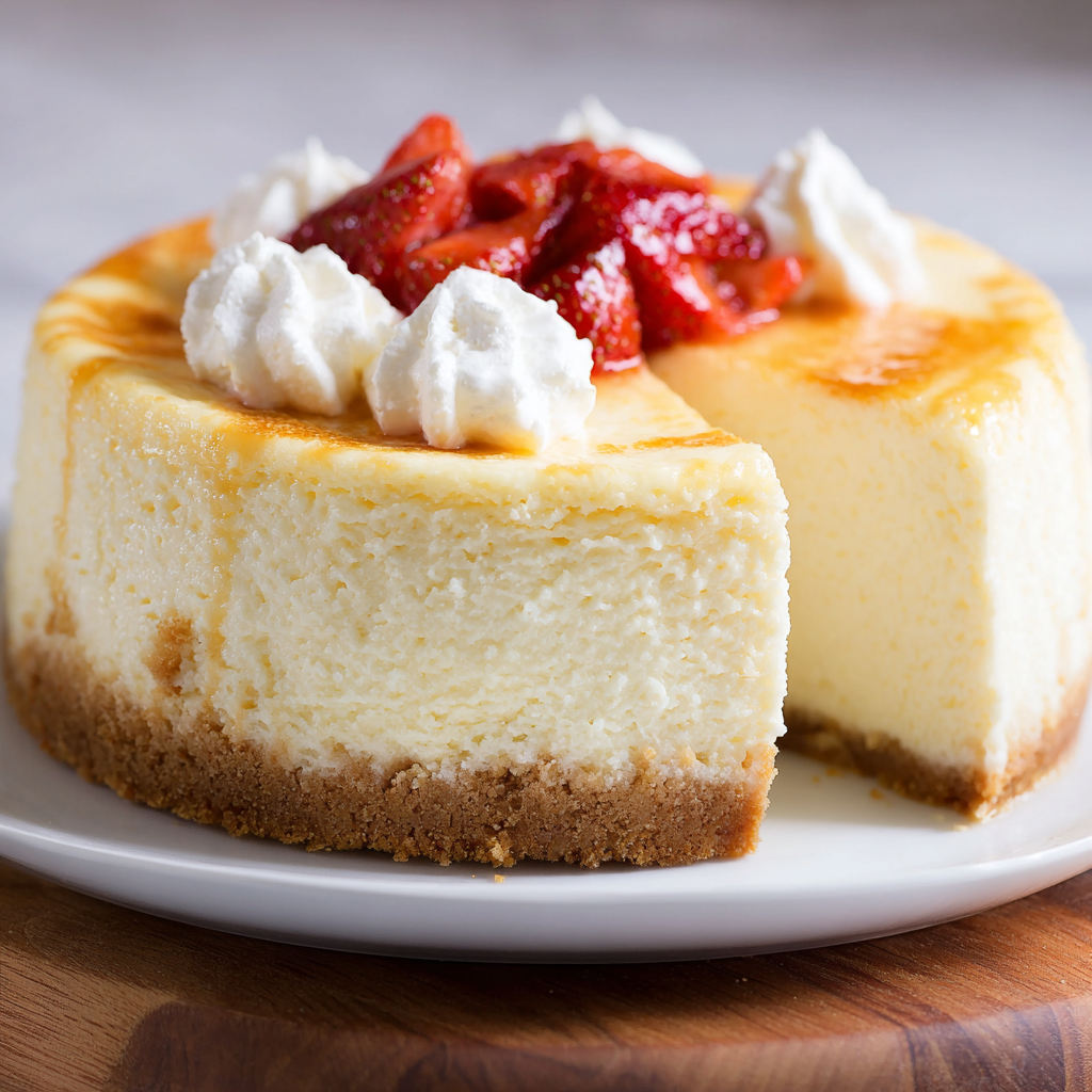A slice of cheesecake with strawberries on top.