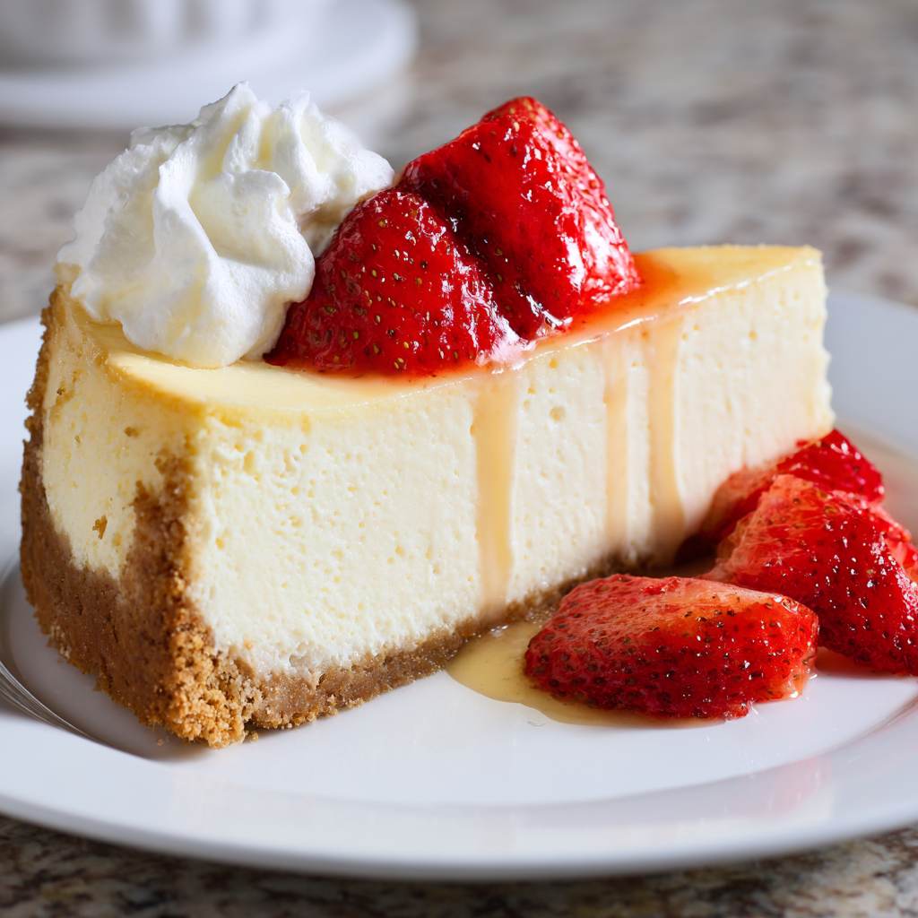 A slice of cheesecake with strawberries on top.