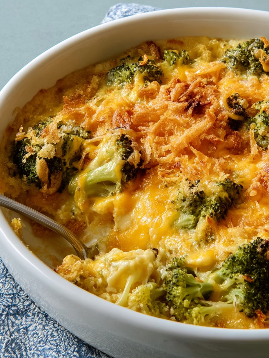 A bowl of broccoli cheese casserole.