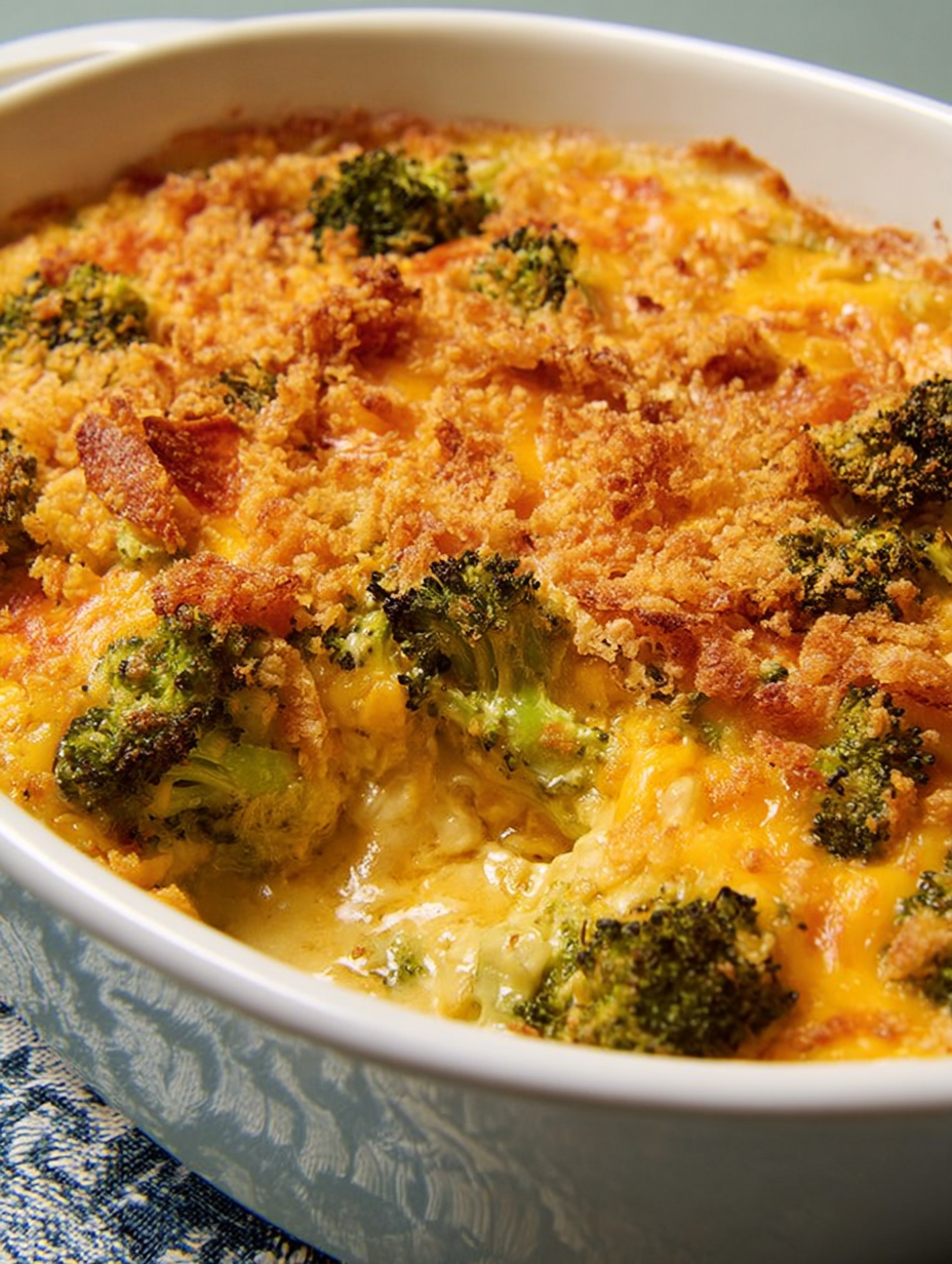 A bowl of broccoli cheese casserole.