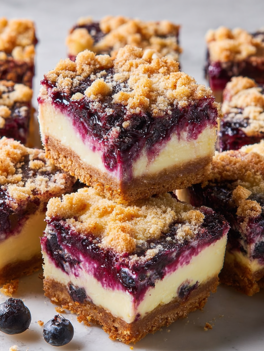 A close up of a blueberry crumble cheesecake bar.