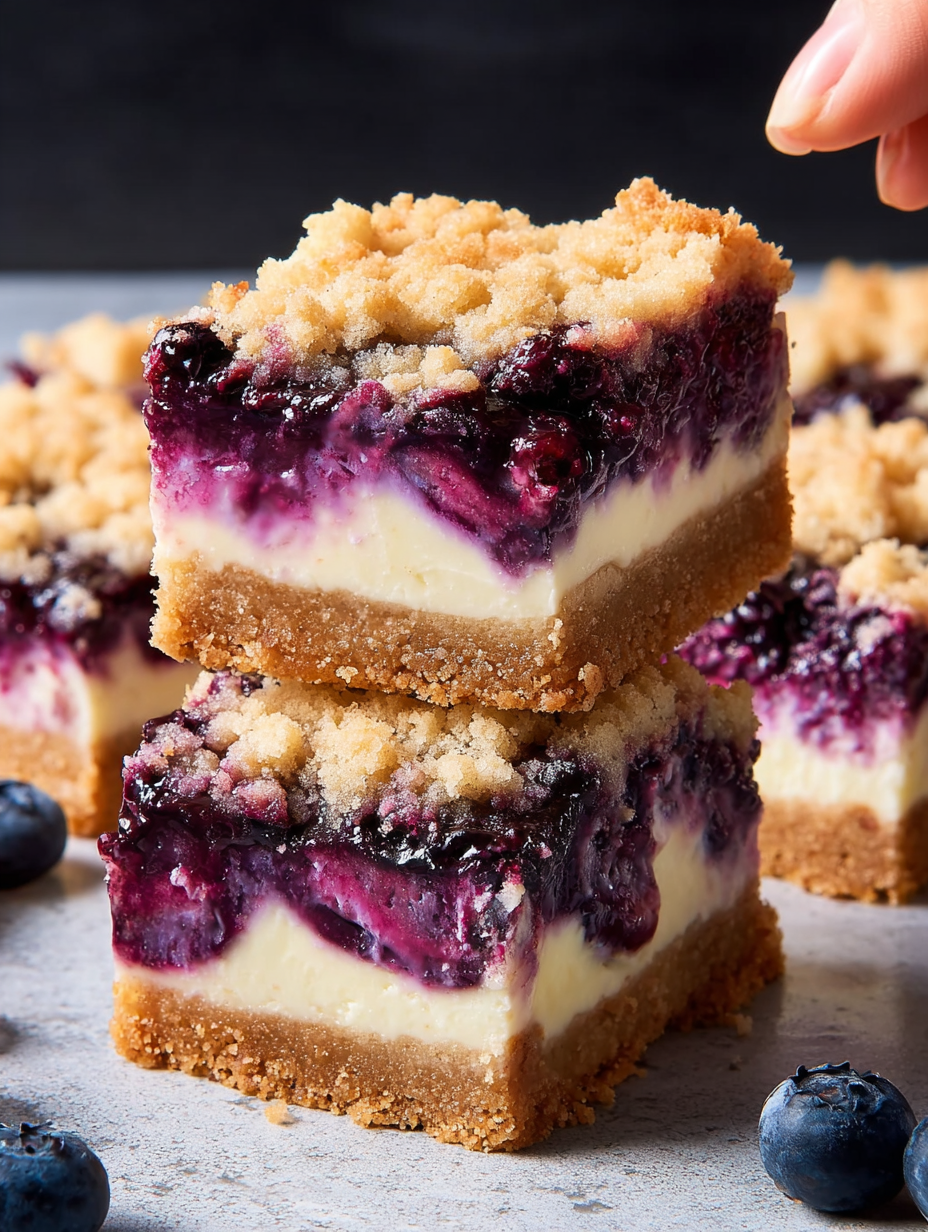 A close up of a blueberry crumble cheesecake bar.