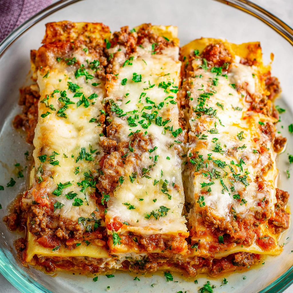 A plate of lasagna with cheese and meat.