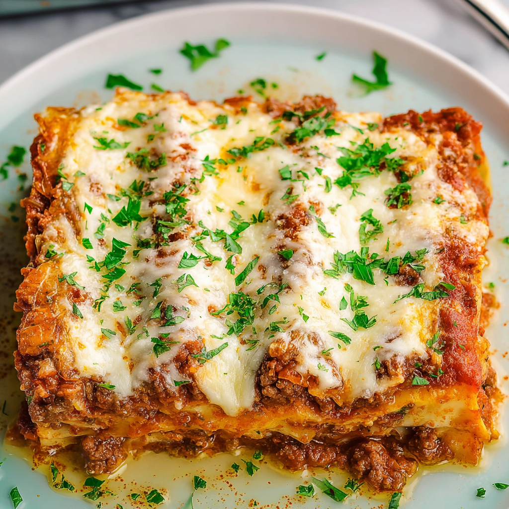 A slice of keto lasagna on a plate.