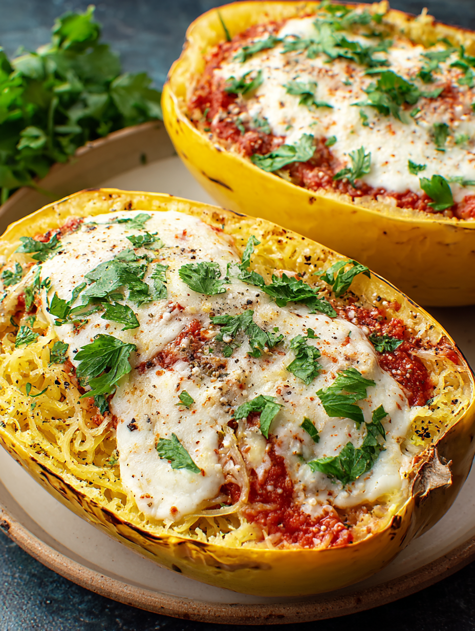 A dish of spaghetti squash with cheese on top.