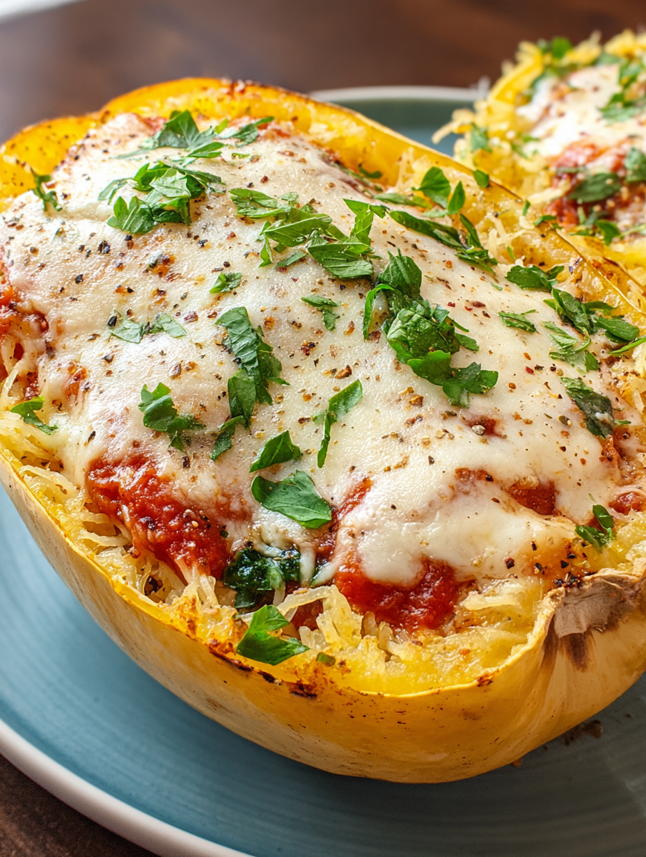 A close up of a spaghetti squash with cheese and herbs.