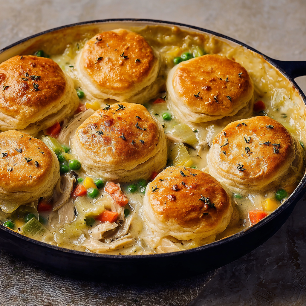 A pan of chicken pot pie casserole.