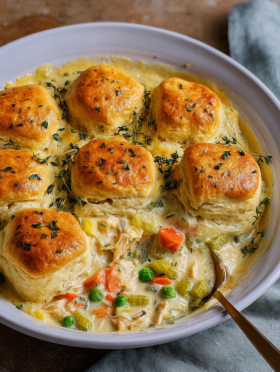A bowl of chicken pot pie casserole.