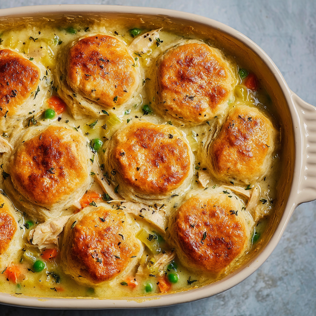 A bowl of chicken pot pie casserole.