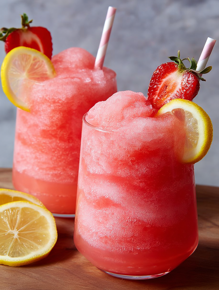 Two glasses of pink lemonade with lemon slices on a table.