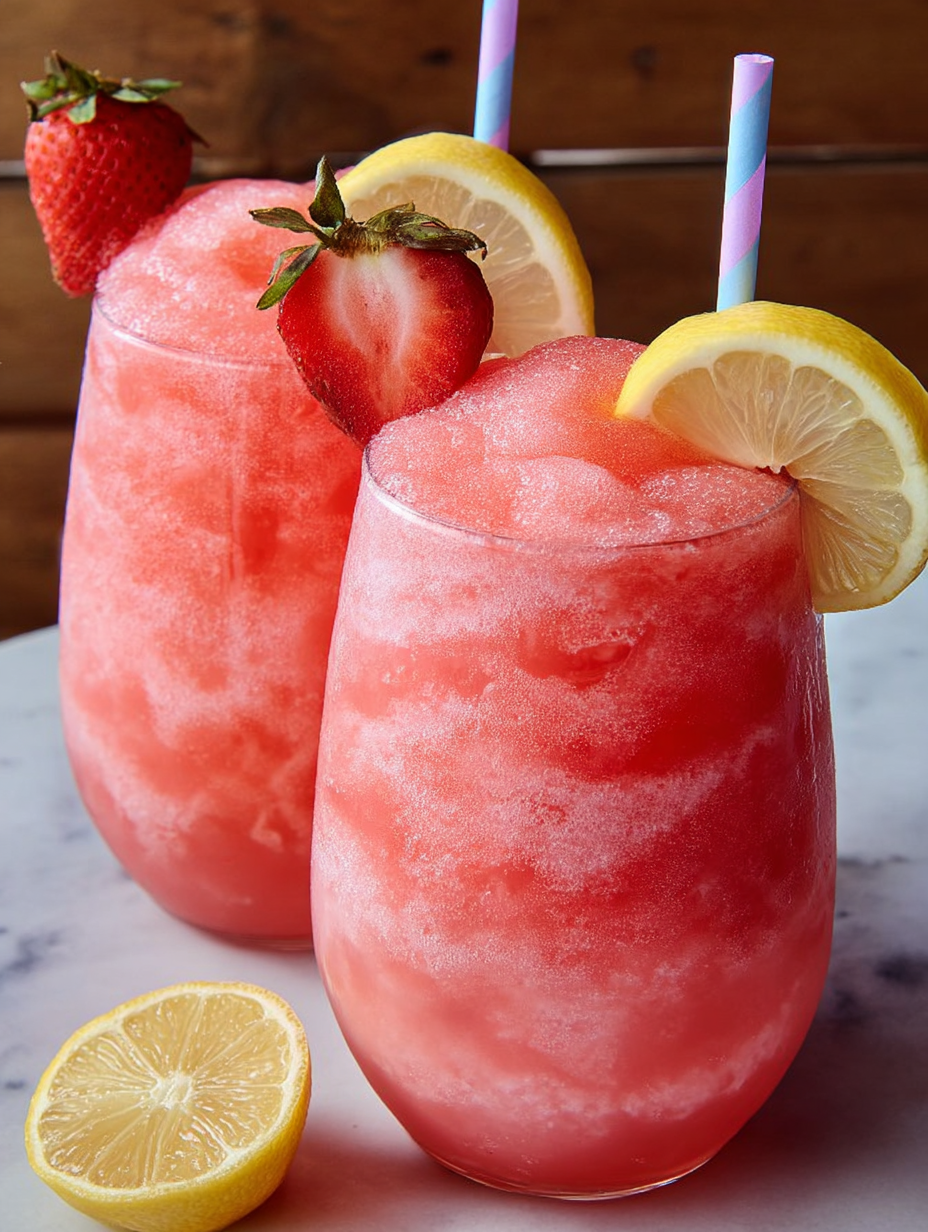 Two glasses of pink lemonade with strawberries and lemon slices.