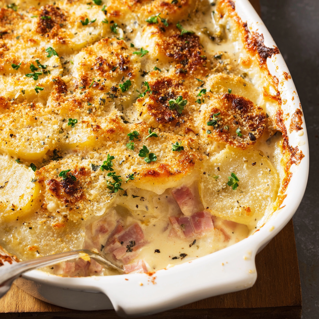 A dish of scalloped potatoes and ham.