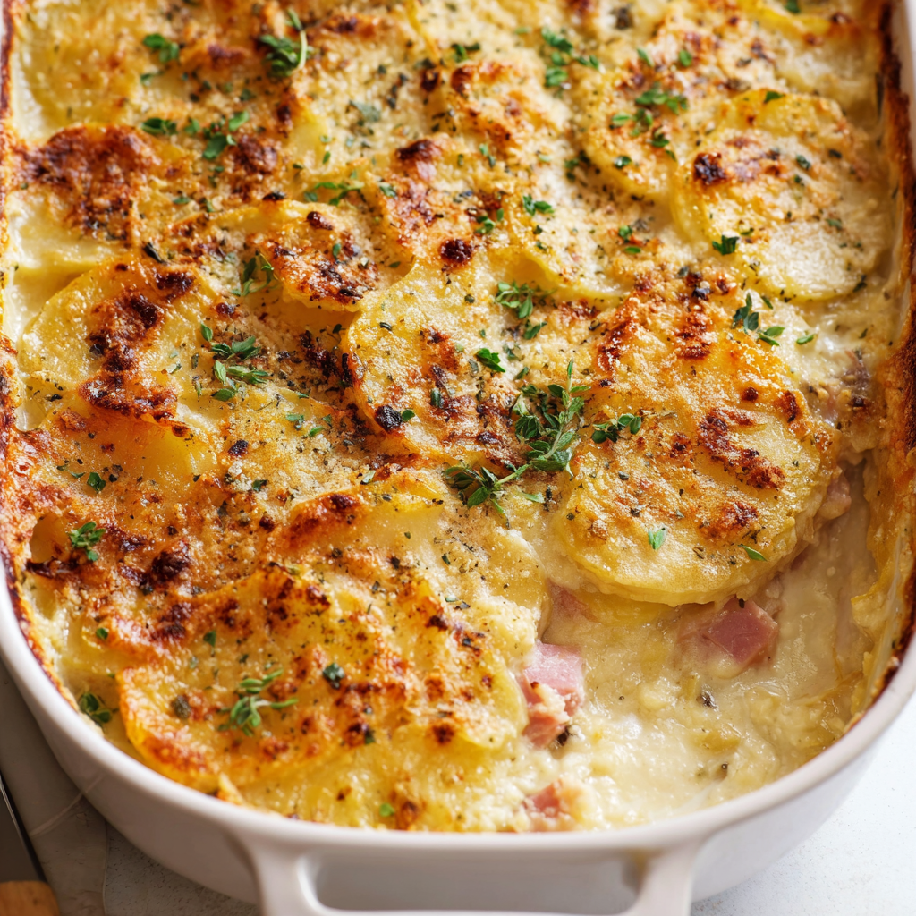 A dish of scalloped potatoes and ham.