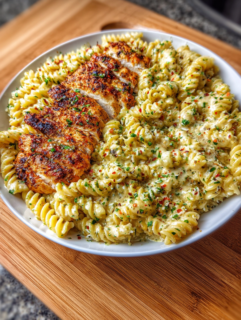A plate of food with chicken and pasta.