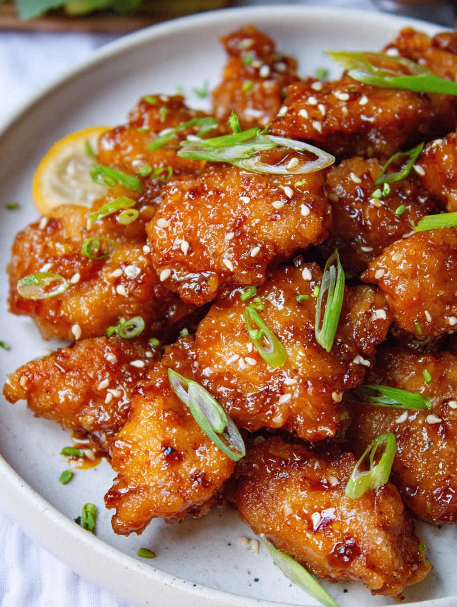 A plate of crispy Chinese honey garlic chicken.