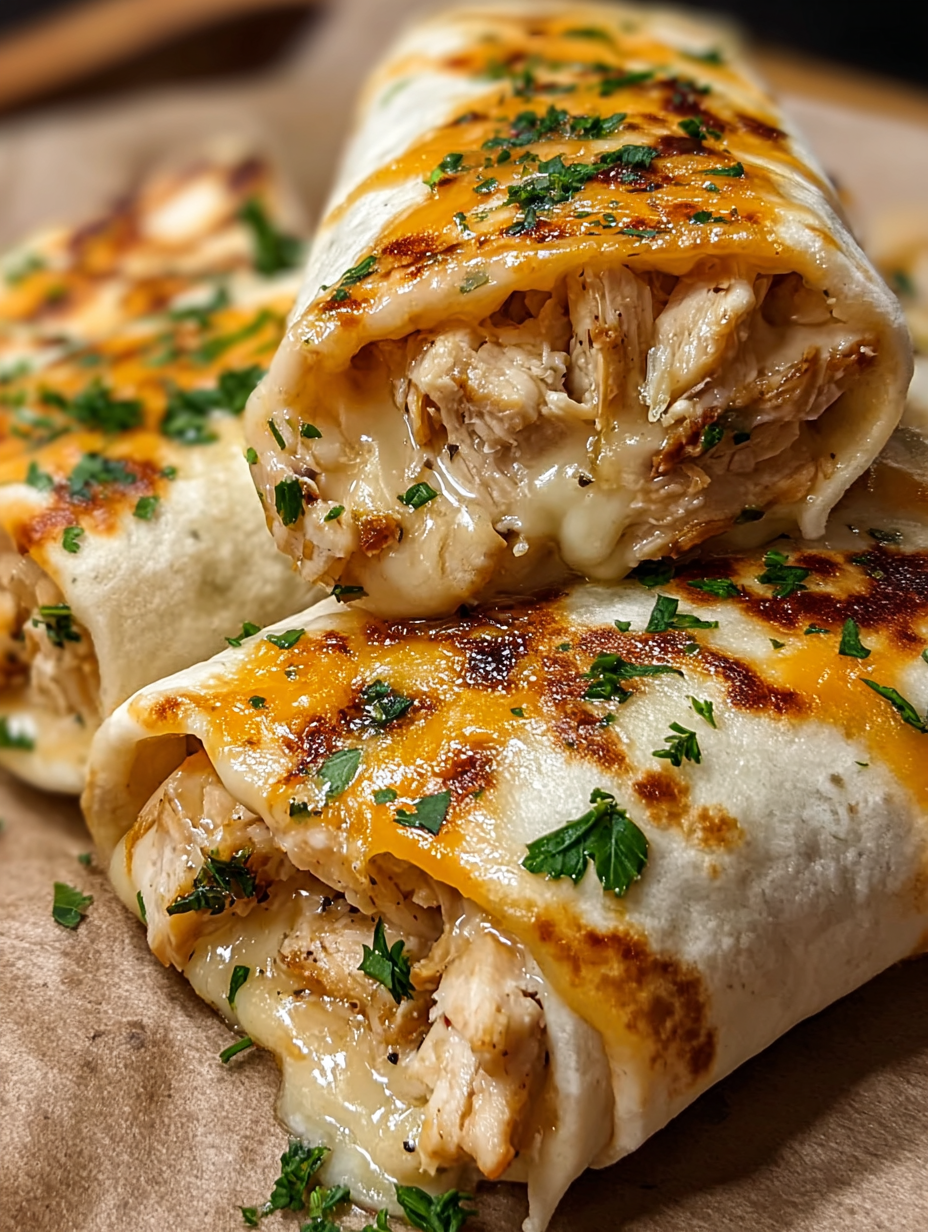 A plate of ooey-gooey cheesy garlic chicken wraps.
