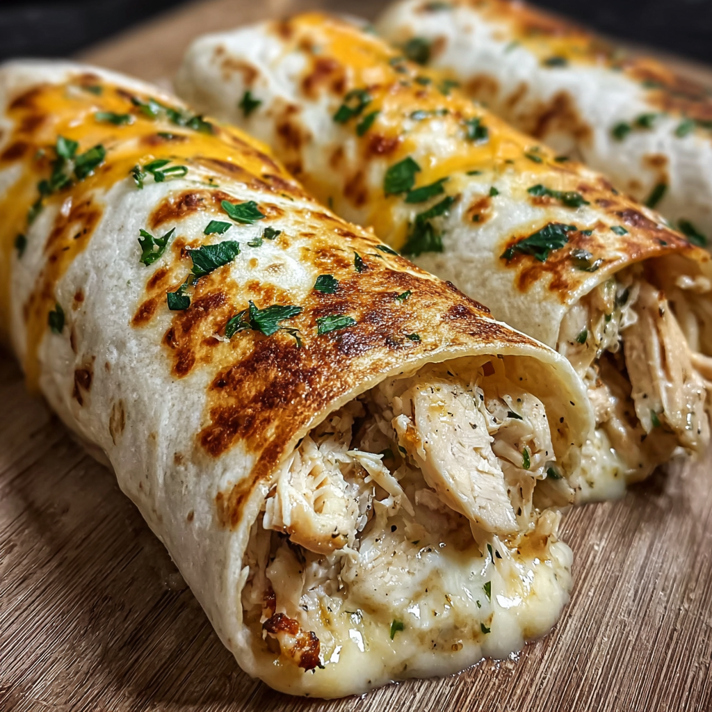 Two ooey-gooey cheesy garlic chicken wraps.