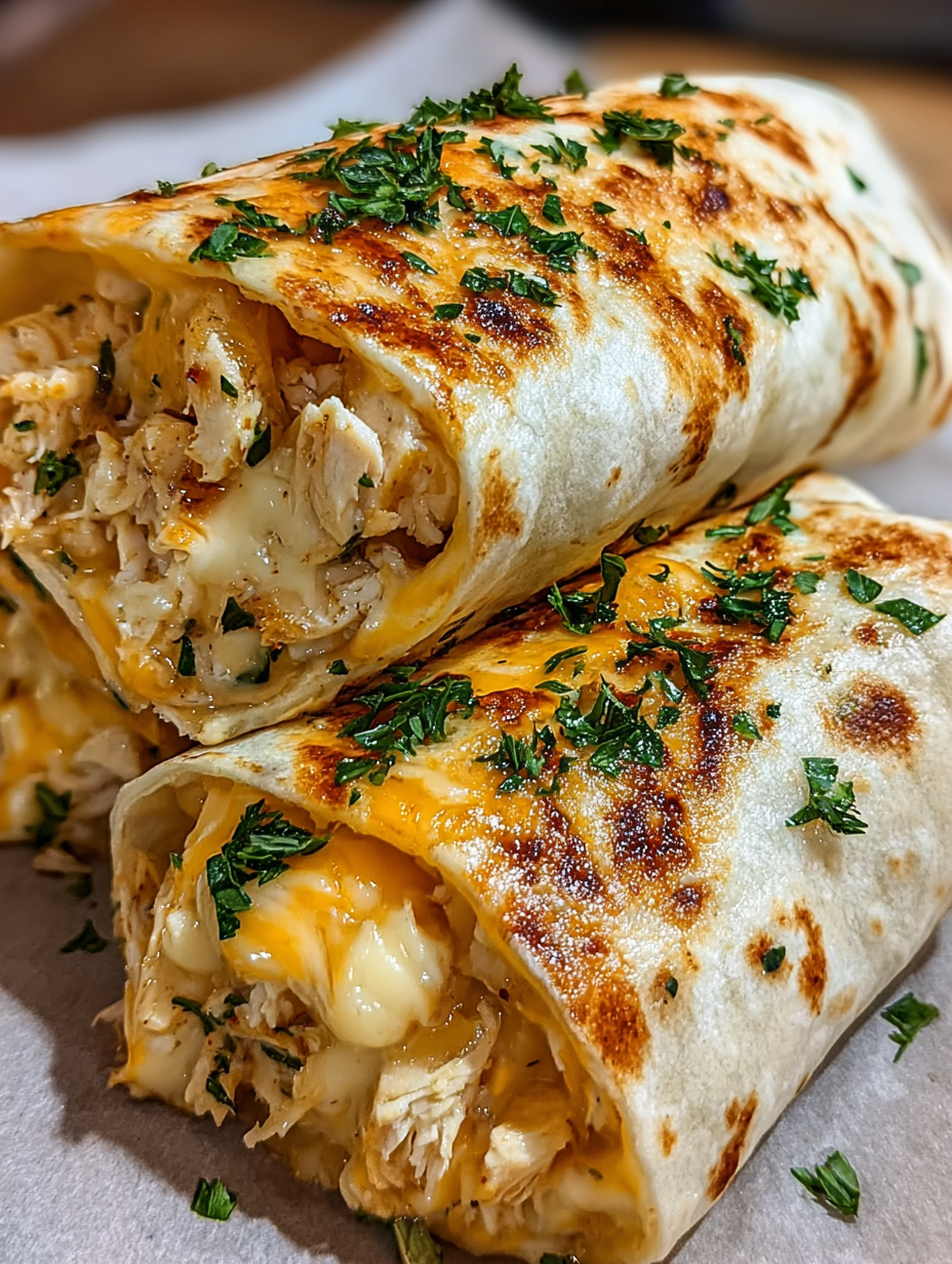 Two cheesy garlic chicken wraps.
