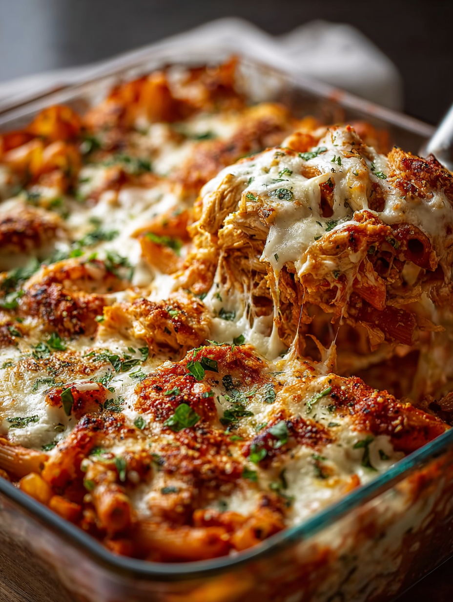 A close up of a delicious chicken parmesan casserole.