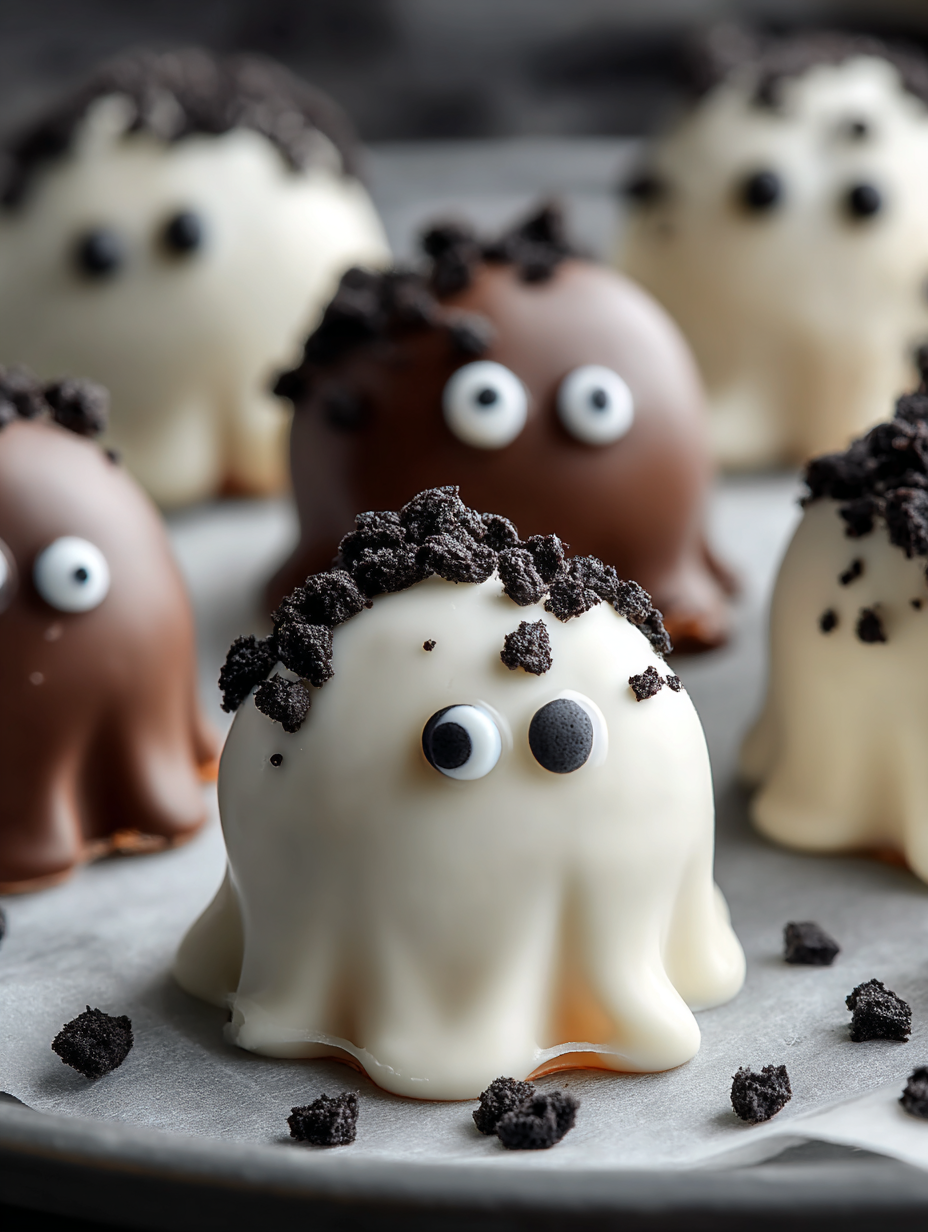A close up of a chocolate and white Oreo ball with black eyes.