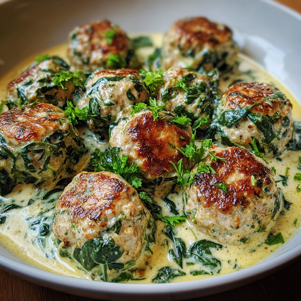 A bowl of creamy spinach turkey meatballs.