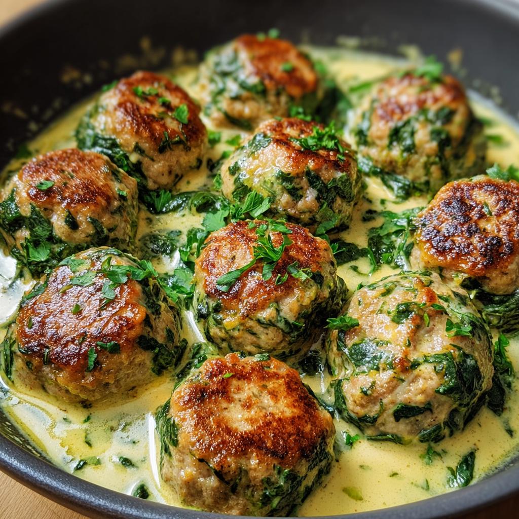 A bowl of meatballs with spinach and cream sauce.