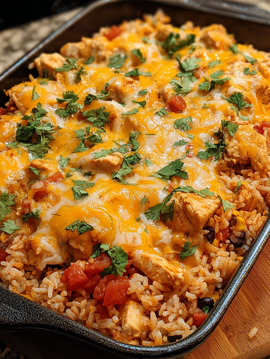 A delicious Mexican Chicken and Rice Bake Recipe.