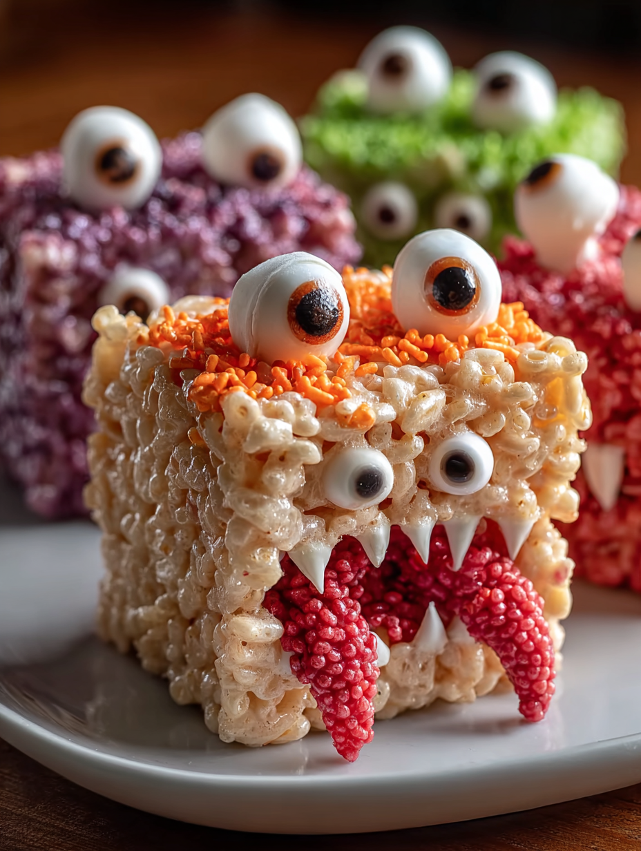 A plate with a rice krispies monster on it.