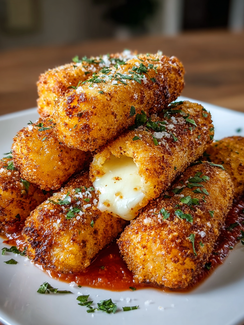 Mozzarella sticks with cheese and seasoning.