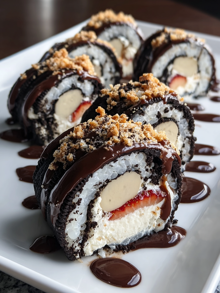A plate of Oreo sushi rolls with chocolate drizzle.