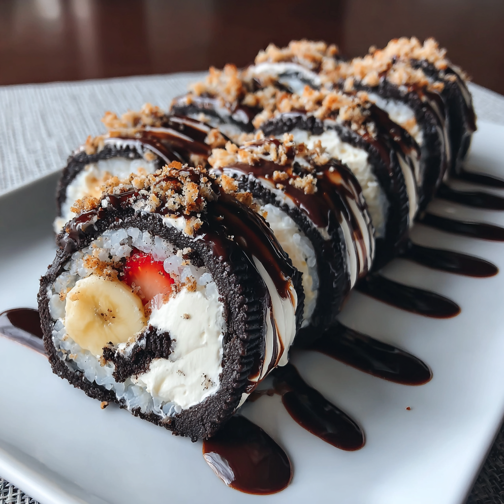 A plate of Oreo sushi rolls.